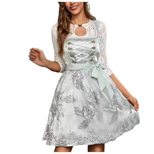 Kleid Dirndl Damen Midi Oktoberfest mit Schürze und Bluse Fernblau geblümt Kleidung Dirndl Midi Trachtenkleid inkl. Trachtenrock Dirndlbluse Dirndlschürze Oktoberfest Trachtenkleid Trachtenmode von Generic