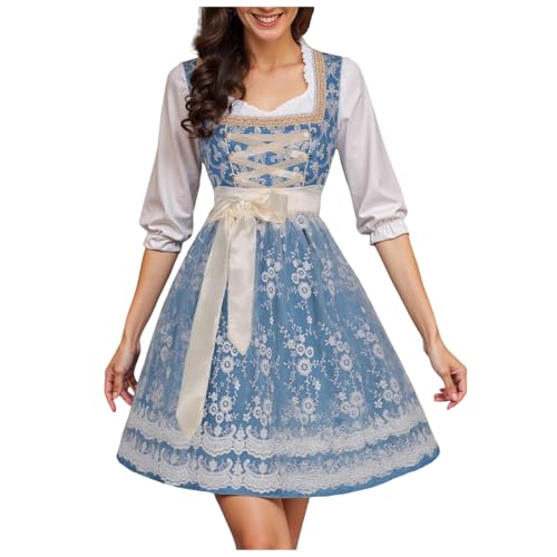 Kleid Dirndl Damen Midi Oktoberfest mit Schürze und Bluse Fernblau geblümt Kleidung Dirndl Midi Trachtenkleid inkl. Trachtenrock Dirndlbluse Dirndlschürze Oktoberfest Trachtenkleid Trachtenmode von Generic