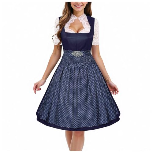 Kleid Dirndl Damen Midi Oktoberfest mit Schürze und Bluse Fernblau geblümt Kleidung Dirndl Midi Trachtenkleid inkl. Trachtenrock Dirndlbluse Dirndlschürze Oktoberfest Trachtenkleid Trachtenmode von Generic
