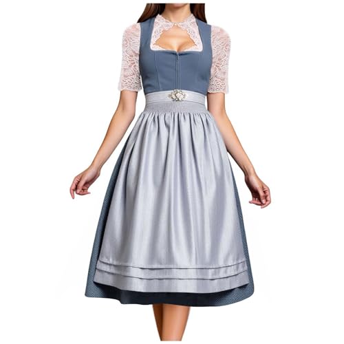 Kleid Dirndl Damen Midi Oktoberfest mit Schürze und Bluse Fernblau geblümt Kleidung Dirndl Midi Trachtenkleid inkl. Trachtenrock Dirndlbluse Dirndlschürze Oktoberfest Trachtenkleid Trachtenmode von Generic