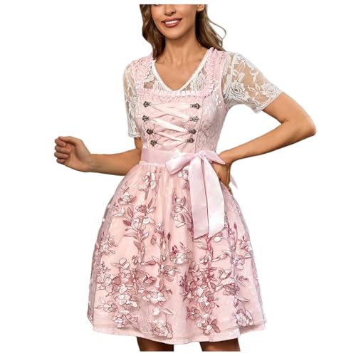 Kleid Dirndl Damen Midi Oktoberfest mit Schürze und Bluse Fernblau geblümt Kleidung Dirndl Midi Trachtenkleid inkl. Trachtenrock Dirndlbluse Dirndlschürze Oktoberfest Trachtenkleid Trachtenmode von Generic