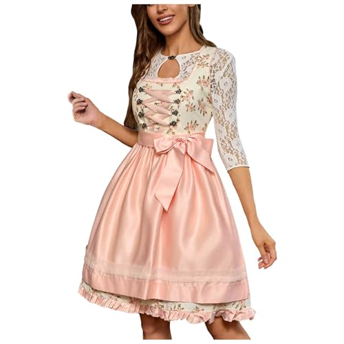 Kleid Dirndl Damen Midi Oktoberfest mit Schürze und Bluse Fernblau geblümt Kleidung Dirndl Midi Trachtenkleid inkl. Trachtenrock Dirndlbluse Dirndlschürze Oktoberfest Trachtenkleid Trachtenmode von Generic
