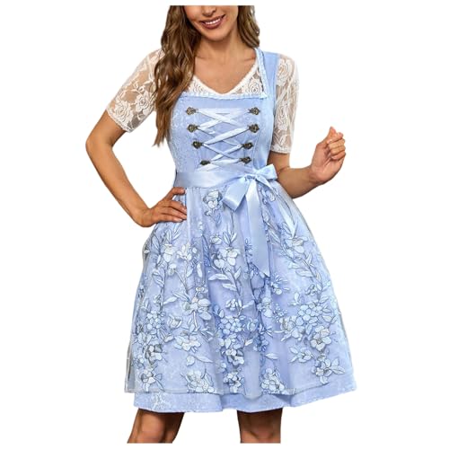 Kleid Dirndl Damen Midi Oktoberfest mit Schürze und Bluse Fernblau geblümt Kleidung Dirndl Midi Trachtenkleid inkl. Trachtenrock Dirndlbluse Dirndlschürze Oktoberfest Trachtenkleid Trachtenmode von Generic