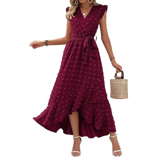 Kleid Elegant, Wickelkleid Damen Sommer Lang Elegant V Ausschnitt A Linie Freizeitkleider Tunika Sommerkleid Musselin Vokuhila Kleid Strandkleid Maxi mit Gürtel M A Wine von Generic