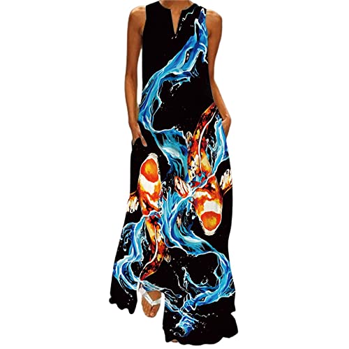 Kleid Elegant Festlich Für Mollige Frauen-Sommer-beiläufiges ärmelloses Druck-V-Ausschnitt-Maxi-Loses Kleid Boho-Strand-langes Sommerkleid mit Taschen von Generic