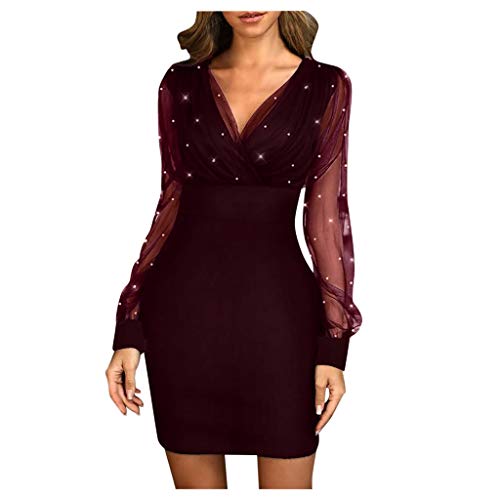 Kleid Festlich Damen Winterkleider Glitzer Elegant Tüll Perle/Pailletten Einfarbig V-Ausschnitt Abendkleid Herbst Winter Kurz Partykleid Schöne Slim von Generic