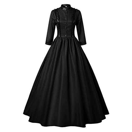 Kleid Gothic Viktorianische Königin Damen Kleid Schwarz Stehkragen Abend mit langen Ärmeln Kleid Großer Rock Swing Chic Kleidung Halloween Maskerade Cosplay, Schwarz, XXL von Generic