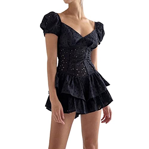 Kleid Haken Blume Hohl Taille Quadratischer Ausschnitt Blase Ärmel Fee Stil Kleid Sommerkleid Neckholder, Schwarz , Medium von Generic