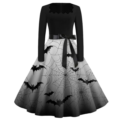 Kleid Halloween Damen Slim Fit Spinne Herbst Halloween Kostüm Damen Elegant Blutflecken Kürbis Cocktailkleid Langarm Patchwork Dress Horror Beliebt 2# 3XL von Generic