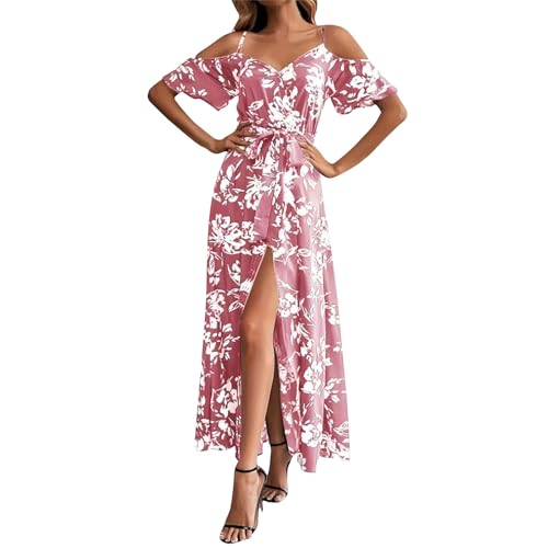Kleid Lang, Damen Sommerkleider Lang Elegant V Ausschnitt Boho Maxikleid Leicht und Luftig Schlitz Wickelkleid Hohe Taille Off-Shoulder Strandkleider mit Gürtel XL A Pink Kleid Lang, Damen Sommerkleider Lang Elegant V Ausschnitt Boho Maxikleid Leicht und Luftig Schlitz Wickelkleid Hohe Taille Off-Shoulder Strandkleider mit Gürtel XL A Pink von Generic