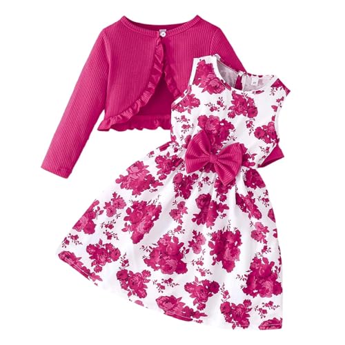 Kleid Mädchen 2 teiliges Prinzessin Kleid Set Ärmelloses Blumen Druck Chiffonkleid mit Schleife und Langärmelige Strickjacke Süßes Elegante Partykleid für Mädchen von Generic
