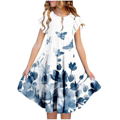 Kleid Mädchen Fliegenärmeln Sommerkleid mit Rundhalsausschnitt A-Linie Kinder Sommer Festliche Kinderkleid Kurzarm Rundhals Freizeitkleid Lässig Einfarbig Partykleid 3-15 Jahre von Generic