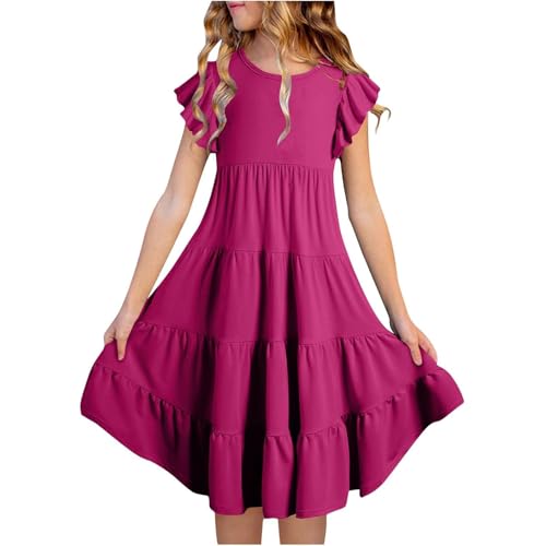 Kleid Mädchen Fliegenärmeln Sommerkleid mit Rundhalsausschnitt A-Linie Kinder Sommer Festliche Kinderkleid Kurzarm Rundhals Freizeitkleid Lässig Einfarbig Partykleid 3-15 Jahre von Generic