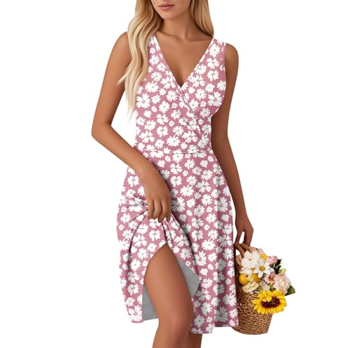 Kleid Sommerkleid Damen Ärmellos Freizeit Kleider Blumenkleid mit V-Ausschnitt Casual Strandkleid Midi Kleid Lose A-Linie Kleider Elegant Freizeitkleid für Strand Urlaub B Pink L von Generic