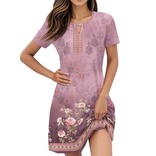 Kleid Vintage, Damen Sommerkleid A-Linien Kurzarm V-Ausschnitt Böhmisches Blumenkleid Kurzärm Freizeitkleid Knielang Dress Perfekt für Urlaub & Reise B Light Purple XL von Generic