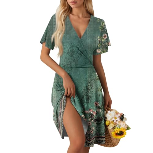Kleid Vintage Damen Sommerkleid Damen Knielang Kleid Sommer Blumenmuster Elegant Cocktailkleid Blumen Shirtkleid Casual Lässiges Strandkleid Tunikakleid Midi Summer Dress C Dark Green L von Generic