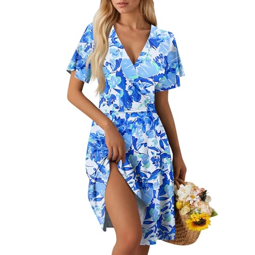Kleid gerader Damen Kleid Kurzarm V-Ausschnitt Sommerkleid Knielang Elegante Strandkleid Boho Blumenkleid Rüschen Saum Wickelkleid Strandkleid A Linie Partykleid E Sky Blue XL Kleid gerader Damen Kleid Kurzarm V-Ausschnitt Sommerkleid Knielang Elegante Strandkleid Boho Blumenkleid Rüschen Saum Wickelkleid Strandkleid A Linie Partykleid E Sky Blue XL von Generic