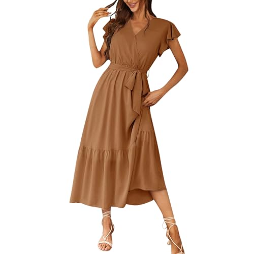 Kleid lang Sommerkleid Freizeitkleider Sommer Einfarbig V-Ausschnitt Rüschen Kurzarm Midi jerseykleid enges(Khaki, XL) von Generic