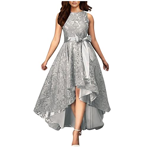 Kleid mit Hose drunter Damen elegant Einfarbig Spitze Patchwork Unregelmäßige Cocktailkleid Maxikleid Gürtel Slim Bodycon Lang Kleider umstandskleid(L, Grau) von Generic