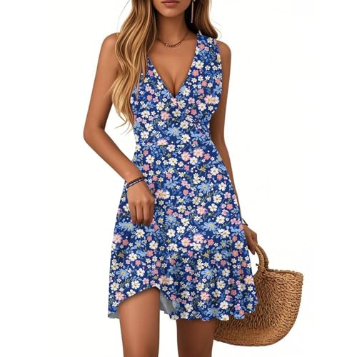 Kleid ohne ärmel Damen Kleider Sommer Ärmellos Strandkleid V-Ausschnitt Blumenmuster Rüschen Swing Sommerkleid Hohe Taille Sexy Festlich Freizeitkleid Leichte Kleid für Urlaub B Blue L Kleid ohne ärmel Damen Kleider Sommer Ärmellos Strandkleid V-Ausschnitt Blumenmuster Rüschen Swing Sommerkleid Hohe Taille Sexy Festlich Freizeitkleid Leichte Kleid für Urlaub B Blue L von Generic