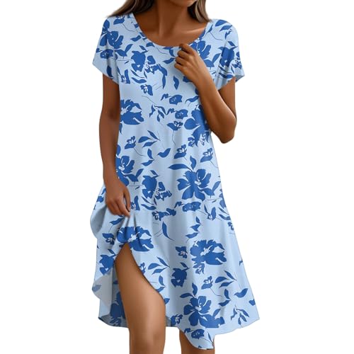 Kleid rot Damen Damen Sommerkleid Rundhals Kurzarm Blumendruck Boho-Kleid Leicht A-Linie Locker Tshirt Kleid Swing Elegant Freizeitkleid Strandkleid mit Taschen S-2XL E Multicolor XL von Generic