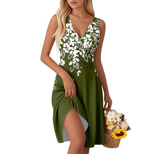 Kleid schwarz Damen Sommerkleid Ärmellos V-Ausschnitt Kleider Blumenmuster Wickelkleid Mini Blumenmuster Leicht Strandkleid Elegant Freizeitkleid D Army Green XXL von Generic