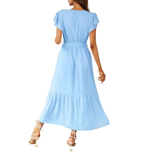Kleid schwarz Maxikleider Sommer midi Einfarbig V-Ausschnitt Rüschen Kurzarm Strandkleider lang Wickelkleider(Hellblau, M) von Generic