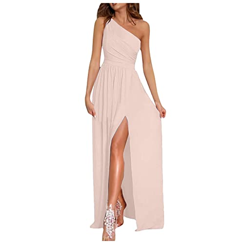 Kleider Damen Ballkleider Damen Lang Ärmelloses Kleid mit Einem Schulterausschnitt Sexy Kleid Hohem Schlitz Abendkleider Elegant für Hochzeit Cocktailkleid Blusenkleid Damen Beige S von Generic