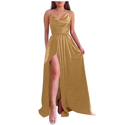 Kleider Damen Ballkleider Damen Lang Kleid mit V-Ausschnitt und Nackenband Sexy Kleid Hohem Schlitz Abendkleider Elegant für Hochzeit Cocktailkleid Maxilang Samtkleid Damen Gold XL von Generic