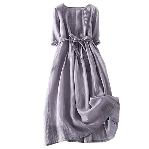 Kleider Damen Elegant Rundhalsausschnitt Casual Damen Leinen Kleider 3/4 Arm Leinenkleid Bohemian Blumen Sommerkleider A-Linie Kleid Strandkleid Midi Lose Freizeitkleid Knielang Blumenkleid von Generic