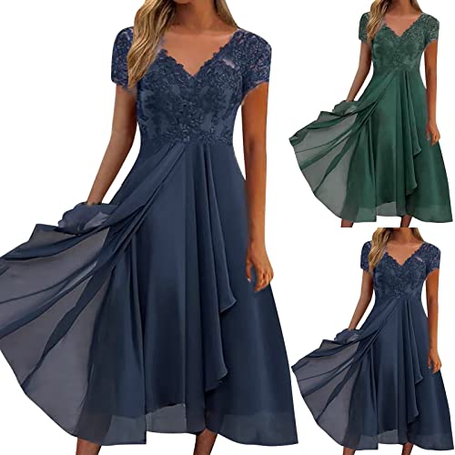 Kleider Damen Elegant Spitzenkleid Chiffon Cocktailkleid Abendkleider für Hochzeit Brautjungfernkleider Kurzarm V-Ausschnitt Partykleid Lange Kleid Festliches Ballkleid Swing Midikleid Große Größen von Generic