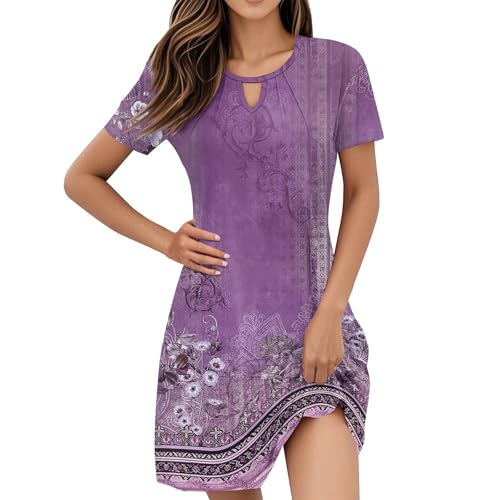 Kleider Damen Festlich, Sommerkleid Damen Boho Minikleid 2025 Rundhals Knielang Blumenmuster Einfaches Freizeitkleid Elegante Strandkleider für Frauen Urlaub Sommer B Purple M von Generic