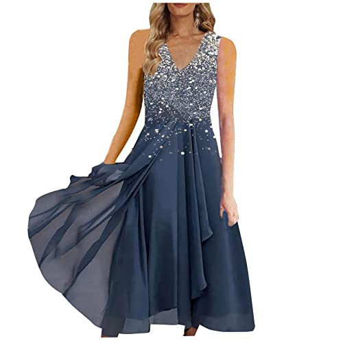 Kleider Damen Festlich Elegant 、, Sommerkleid Damen Knielang Chiffon Kleid Sexy V-Ausschnitt Partykleid mit Spizen Kurzarm Abendkleid Hoch Taille Vintage Swing Brautkleid Silber 38,3XL von Generic