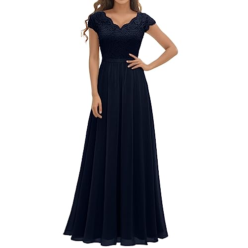 Kleider Damen Festlich Elegant Maxi Lang Abendkleid V-Ausschnitt Hochzeit Brautjungfernkleider Cocktailkleid Festliche Kleider Brautjungfernkleid Abschlusskleid Chiffon Spitzenkleid (Blue #3, L) von Generic