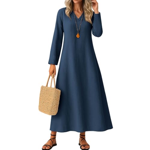 Kleider Damen Herbst Elegant V-Ausschnitt Maxikleider A-Linie 3/4 Ärmel Freizeitkleid Casual Einfarbig Basic Strandkleider,Blau,M von Generic