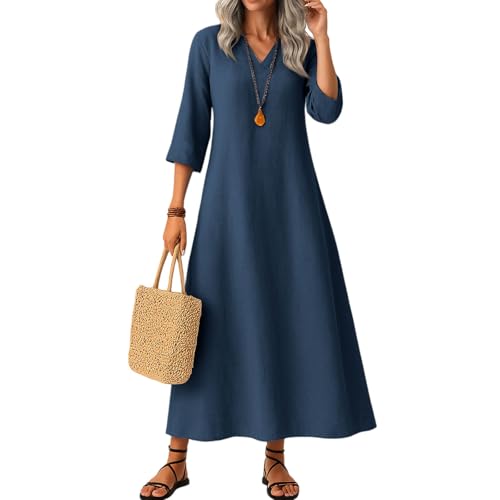 Kleider Damen Herbst Elegant V-Ausschnitt Maxikleider A-Linie 3/4 Ärmel Freizeitkleid Casual Einfarbig Basic Strandkleider,Blau,M von Generic