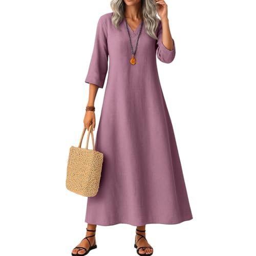 Kleider Damen Herbst Elegant V-Ausschnitt Maxikleider A-Linie 3/4 Ärmel Freizeitkleid Casual Einfarbig Basic Strandkleider,Violett,M von Generic