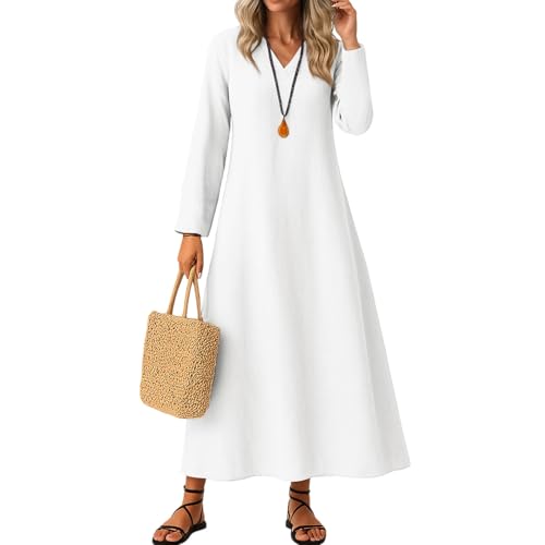 Kleider Damen Herbst Elegant V-Ausschnitt Maxikleider A-Linie 3/4 Ärmel Freizeitkleid Casual Einfarbig Basic Strandkleider,Weiß,M von Generic