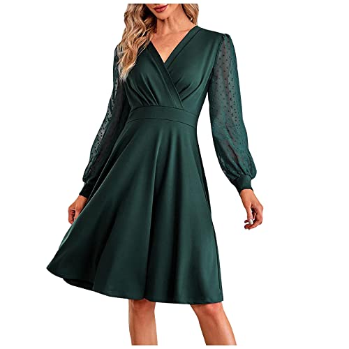 Kleider Damen Herbst Winter Knielang V Ausschnitt Langarm Kleid Damen Elegant Tüll Shirtkleider Damen Einfarbig Puffärmel Herbstkleid Damen Plissee Kleid Damen Herbst A Linie Strandkleid Damen von Generic
