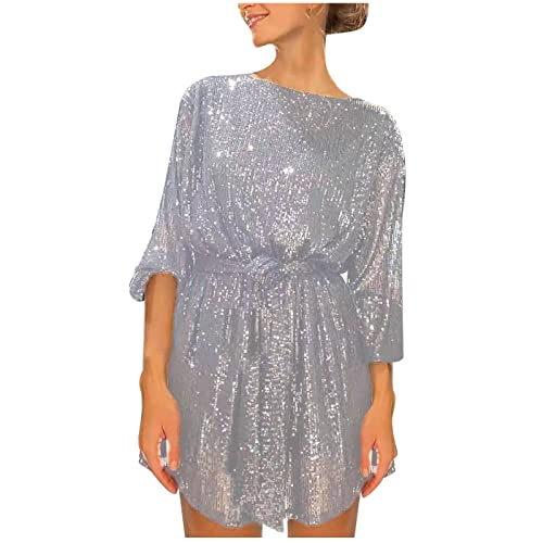 Kleider Damen Herbst Winter Winterpullover Warm Boho Kleid Weiß Pailletten Laternenärmel Kurz mit Gürtel Hohe Taille Rundhals Minikleid Elegant A-Linie(Silber,L) von Generic