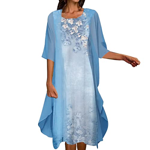 Kleider Damen Klassisch Elegant Spitzenkleid Cocktailkleid Festliche Brautjungfernkleider Für Hochzeit Midi Abendkleider Sommer Ärmellos Vintage Damenkleider Tüll Cardigan(N Blau,XL) von Generic