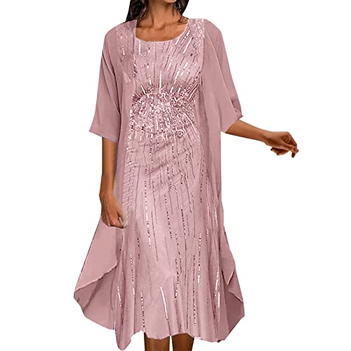 Kleider Damen Klassisch Elegant Spitzenkleid Cocktailkleid Festliche Brautjungfernkleider Für Hochzeit Midi Abendkleider Sommer Ärmellos Vintage Damenkleider Tüll Cardigan(Yc Rosa,XL) von Generic