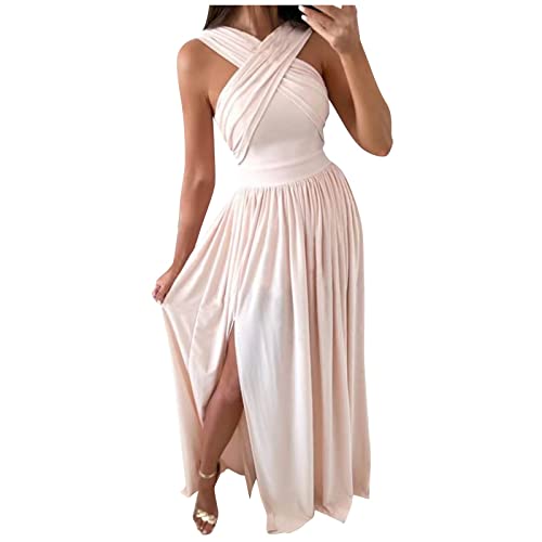 Kleider Damen Lange Abendkleid Hochzeit Brautjungfernkleid Bodenlang Partykleid Cocktailkleid Ärmellos Festlich Kleid Neckholder Maxikleid Sommer Strandkleid Kleider Damen Festlich Beige M von Generic