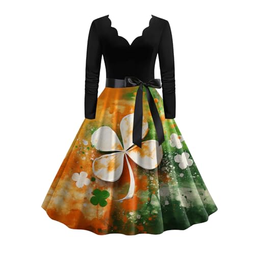 Kleider Damen Rockabilly Sexy St. Patrick's Day Kleid Grün Kleeblatt Langarm V-Ausschnitt Coctailkleid Festliches Swing Hochzeit Festlich Knielang Kleid Party Kleid für Frauen (Z0a2-Orange, M) von Generic