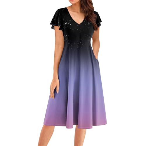 Kleider Damen Sommer, Damen Sommerkleid Kurzarm A-Linien Kleider V-Ausschnitt Fließend Wickelkleid mit Taschen Knielang Einfarbig Einfaches Hohe Taille Abschlusskleid C Purple XXL von Generic
