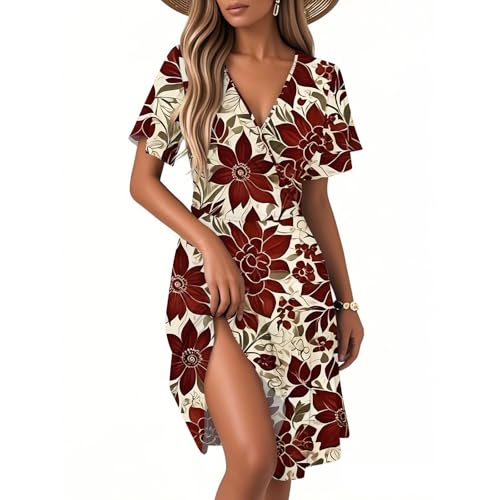 Kleider Damen Sommer, Sommerkleid Damen Lang Mädchen Knielänge Boho Freizeitkleid Tunika Hohe Taille Swing Kleid Leicht für Frauen Cocktailkleid Partykleid C Wine XL von Generic