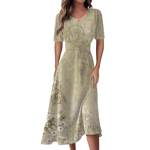 Kleider Damen Sommer Kleid Mittellanges Kleid in Uni-Farbe für Frauen Elegant V-Ausschnitt Sommerkleid Kurze Puffärmel Wickelkleid Hohe Taille Partykleid Lässig Sommer Freizeitkleid Beige S von Generic