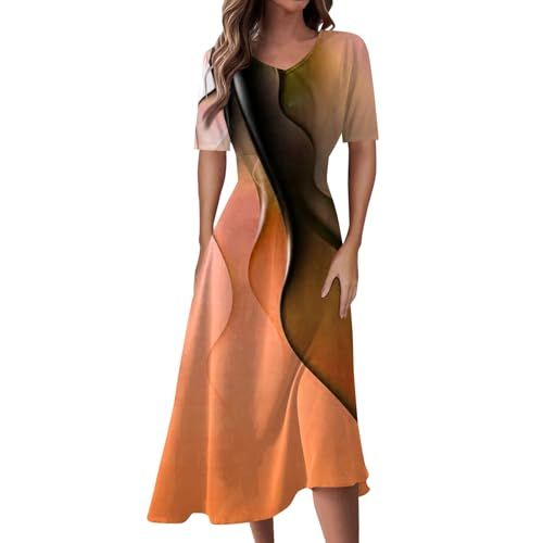 Kleider Damen Sommer Kleid Mittellanges Kleid in Uni-Farbe für Frauen Elegant V-Ausschnitt Sommerkleid Kurze Puffärmel Wickelkleid Hohe Taille Partykleid Lässig Sommer Freizeitkleid Orange M von Generic