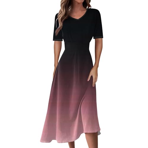 Kleider Damen Sommer Kleid Mittellanges Kleid in Uni-Farbe für Frauen Elegant V-Ausschnitt Sommerkleid Kurze Puffärmel Wickelkleid Hohe Taille Partykleid Lässig Sommer Freizeitkleid Rosa M von Generic