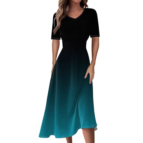 Kleider Damen Sommer Kleid Mittellanges Kleid in Uni-Farbe für Frauen Elegant V-Ausschnitt Sommerkleid Kurze Puffärmel Wickelkleid Hohe Taille Partykleid Lässig Sommer Freizeitkleid Türkis S von Generic